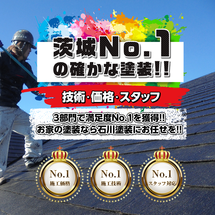茨城No.1の確かな塗装！！技術・価格・スタッフ、3部門で満足度No.1を獲得！！お家の塗装なら石川塗装にお任せを！！
